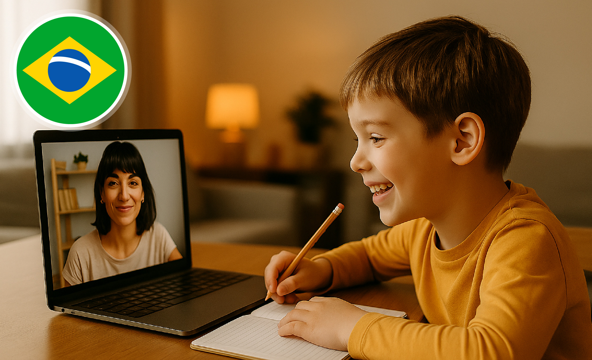 Boy in online Portuguese class with teacher on a laptop — PlaynSpeak