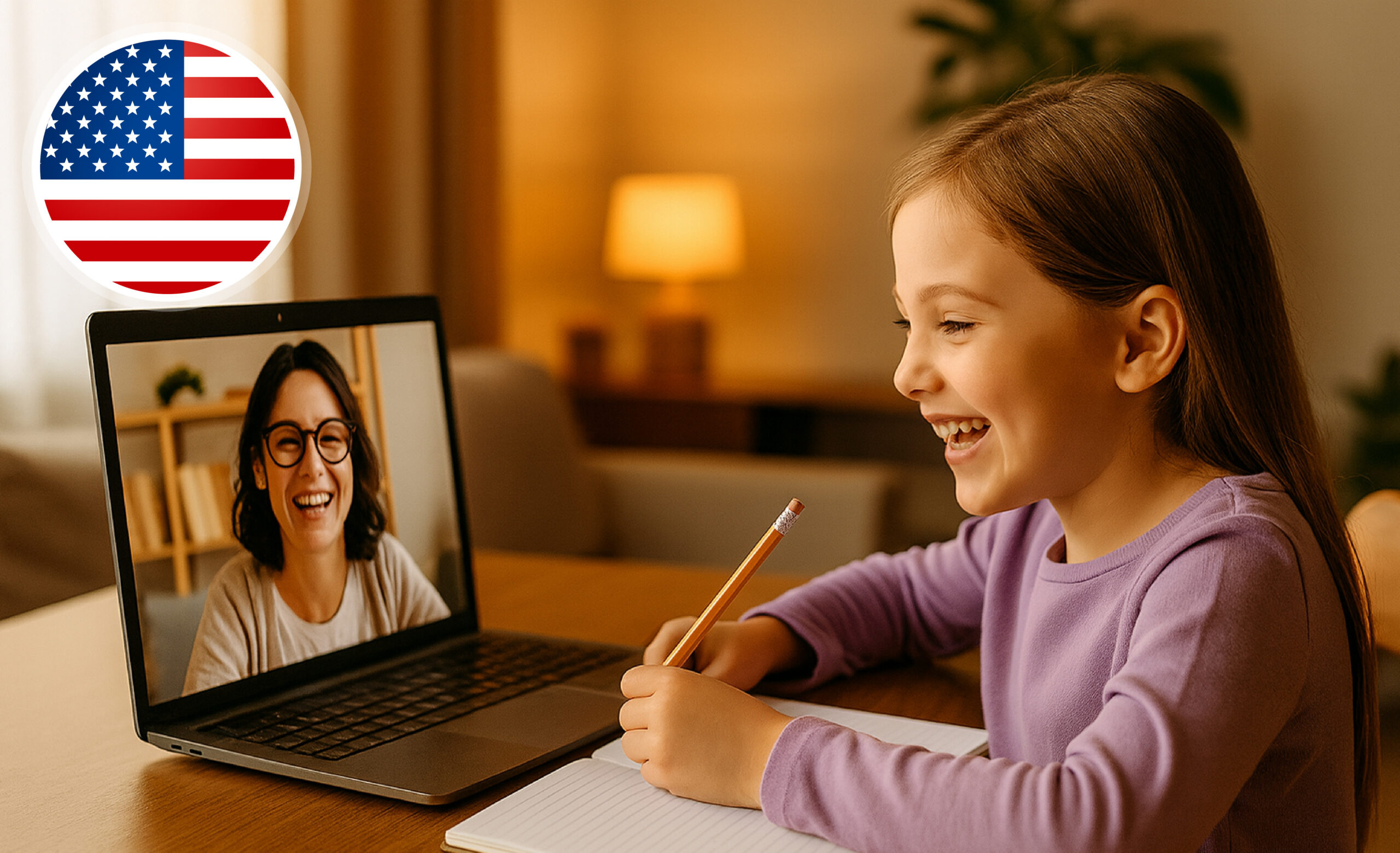 Smiling girl in an online Spanish class with a teacher — PlaynSpeak