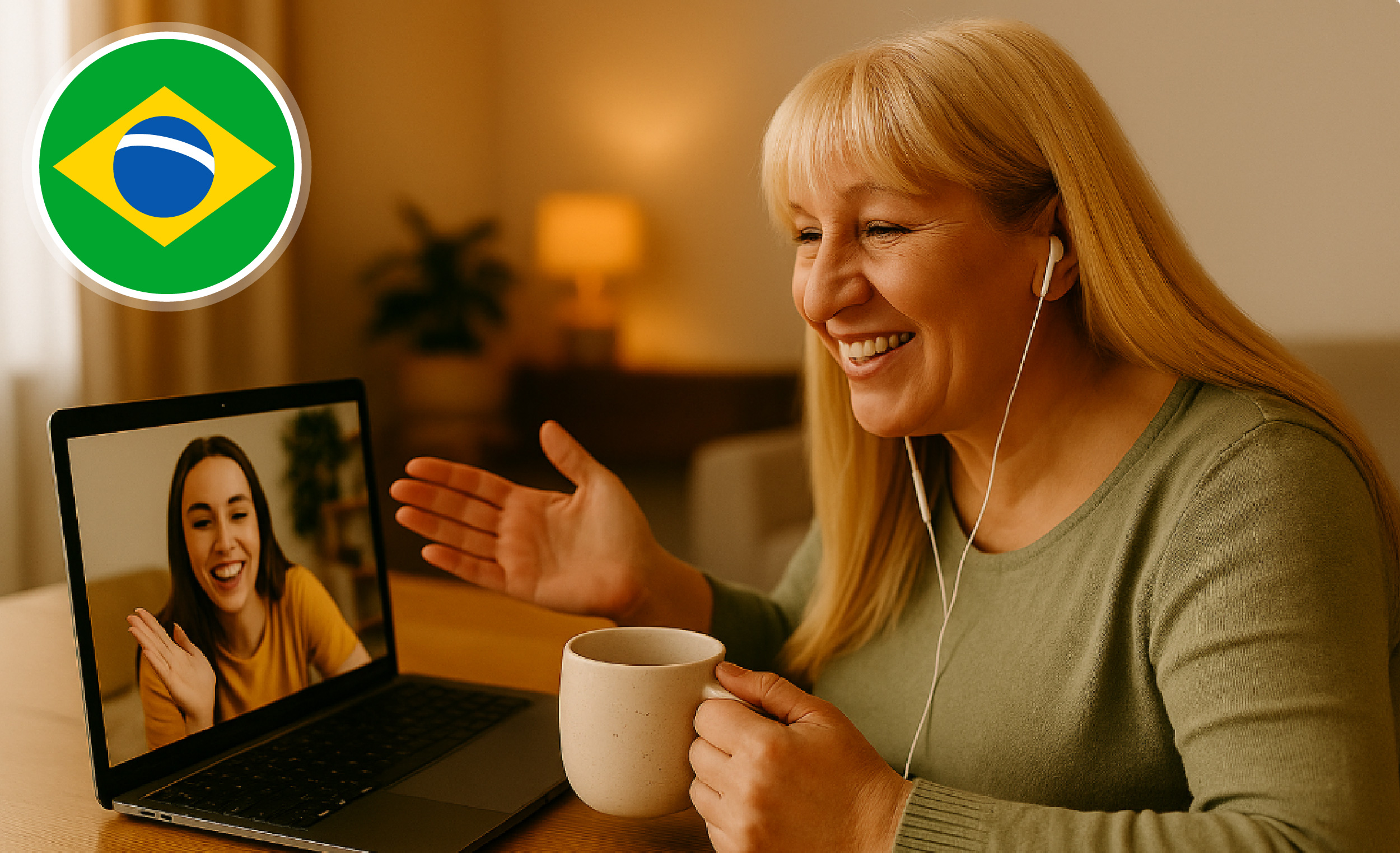 Online Portuguese teacher giving a class from home via video call — PlaynSpeak