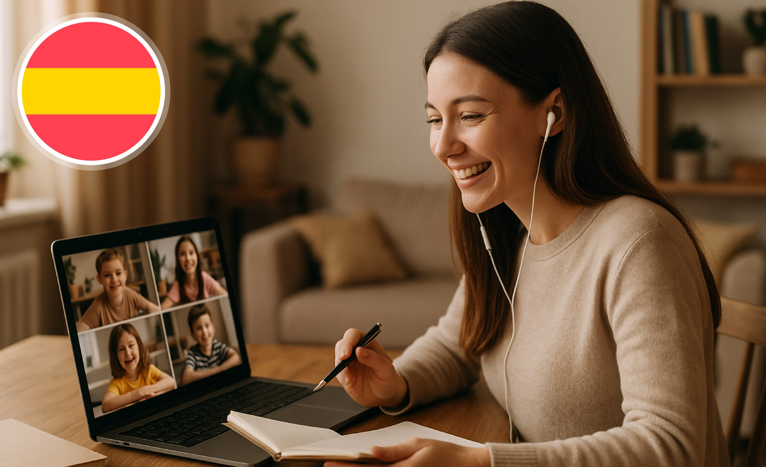 Teacher giving an online Spanish class to children at home — PlaynSpeak