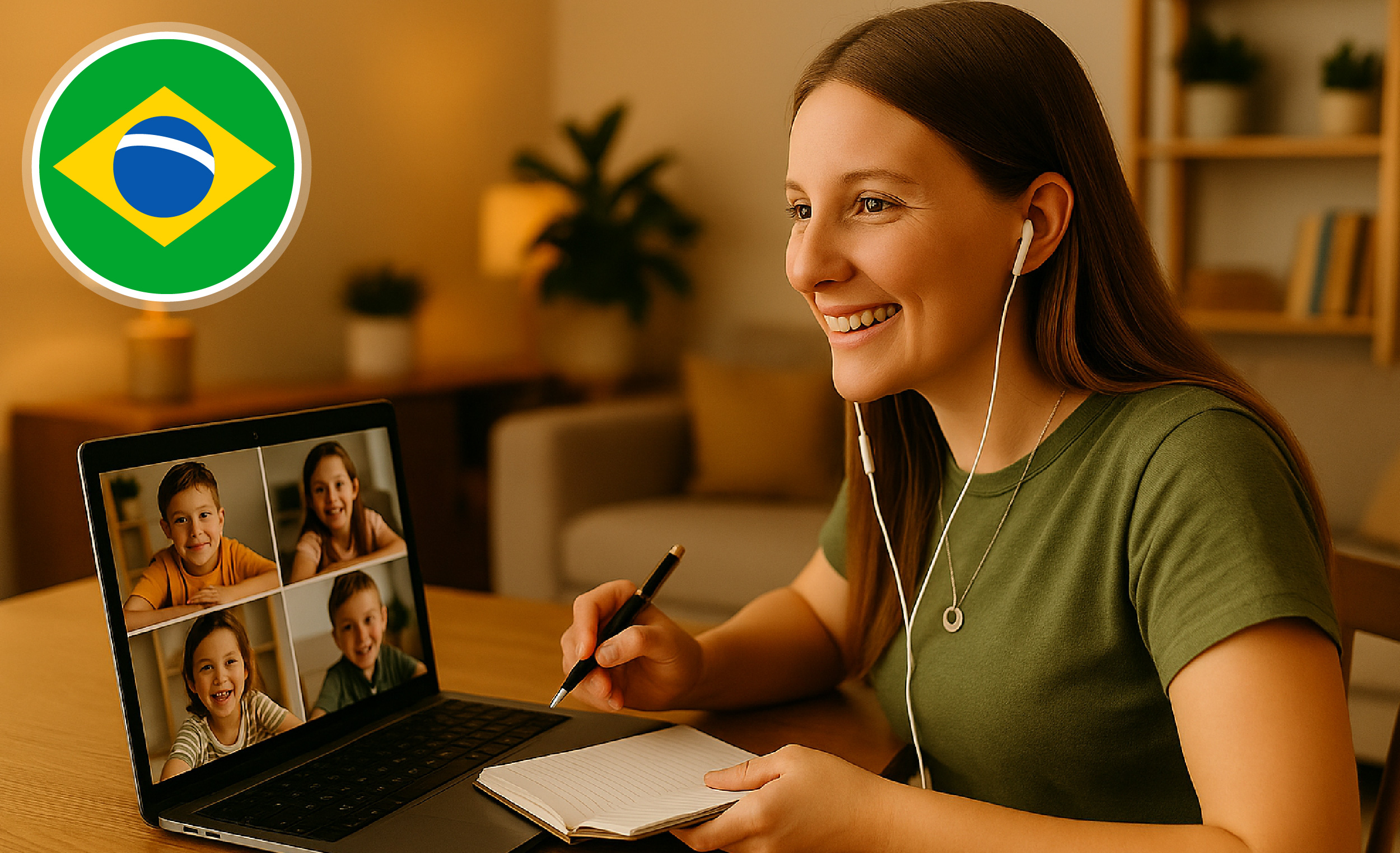 Portuguese online class with teacher and four students on a video call — PlaynSpeak
