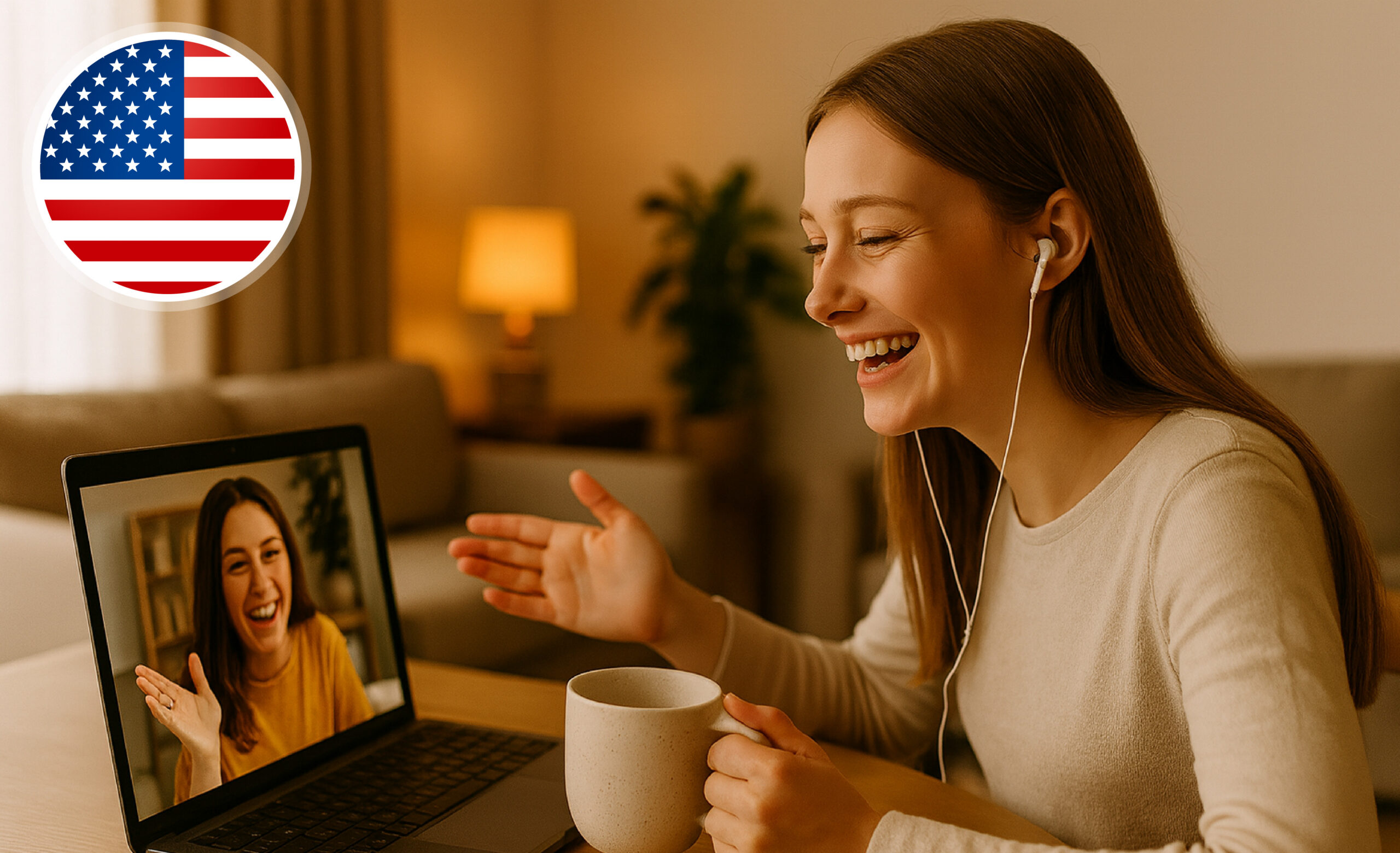Woman smiling during an online conversational Spanish class with a teacher — PlaynSpeak